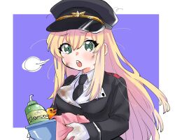 Rule 34 | 1girl, black hat, black necktie, blonde hair, breasts, collared shirt, commentary request, commission, dirty, dirty clothes, girls&#039; frontline, gloves, green eyes, hair between eyes, hat, holding, koji (subno ko zi), long hair, long sleeves, looking at viewer, medium breasts, necktie, open mouth, peaked cap, purple background, rubber duck, second-party source, shampoo bottle, shirt, sleeves past wrists, solo, stg44 (girls&#039; frontline), teeth, thick eyebrows, two-tone background, upper body, upper teeth only, very long hair, white background, white gloves, white shirt