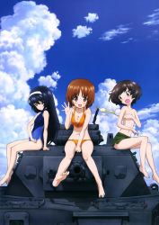 Rule 34 | 10s, 3girls, :d, absurdres, accidental exposure, akiyama yukari, barefoot, between legs, black hair, blush, breasts, brown eyes, brown hair, cleavage, cloud, collarbone, covering privates, covering breasts, day, embarrassed, eyebrows, feet, girls und panzer, hairband, halterneck, hand between legs, head tilt, highres, long hair, looking at viewer, military, military vehicle, motor vehicle, multiple girls, nishizumi miho, official art, on vehicle, open mouth, outdoors, panzer iv, panzer iv, reizei mako, sitting, sky, small breasts, smile, soles, sugimoto isao, swimsuit, tank, toes, unworn bikini top, very long hair, wardrobe malfunction, waving