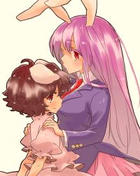 Rule 34 | 2girls, animal ears, bad id, bad pixiv id, black hair, blush, dress, female focus, from side, inaba tewi, long hair, long sleeves, matsutani, multiple girls, necktie, pink dress, puffy short sleeves, puffy sleeves, purple hair, rabbit ears, red necktie, reisen udongein inaba, short hair, short sleeves, simple background, touhou, very long hair, yellow background