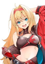 Rule 34 | 1girl, ahoge, aqua eyes, arm behind head, belt, blonde hair, blush, breasts, brown shirt, cleavage cutout, clothing cutout, coat, crop top, fang, gloves, granblue fantasy, hair intakes, highres, long hair, looking at viewer, medium breasts, midriff, navel, official art, open mouth, pants, red coat, red gloves, shirt, simple background, single bare shoulder, skin fang, sleeveless, sleeveless shirt, smile, solo, toshino niko, upper body, white background, zeta (granblue fantasy)