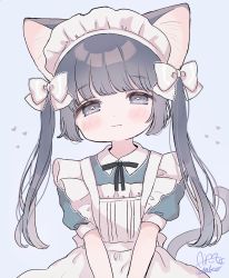 Rule 34 | 1girl, ame usako, animal ears, apron, black hair, black ribbon, blue background, blue dress, blush, bow, cat ears, cat girl, cat tail, closed mouth, collared dress, commentary request, dress, fang, fang out, frilled apron, frills, grey eyes, hair bow, heart, long hair, looking at viewer, maid, maid apron, maid headdress, neck ribbon, original, puffy short sleeves, puffy sleeves, ribbon, short sleeves, signature, simple background, smile, solo, tail, tail raised, twintails, upper body, v arms, very long hair, white apron, white bow