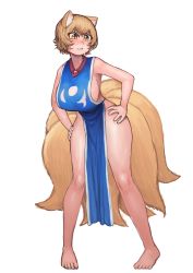 Rule 34 | 1girl, absurdres, animal ears, blonde hair, blush, breasts, chanta (ayatakaoisii), fox ears, fox tail, full body, hands on own hips, highres, large breasts, leaning forward, naked tabard, no headwear, no headwear, nose blush, short hair, sideboob, simple background, solo, tabard, tail, touhou, white background, yakumo ran, yellow eyes