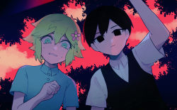 Rule 34 | 2boys, basil (faraway) (omori), basil (omori), black eyes, black hair, black sweater vest, blonde hair, blue eyes, closed mouth, collared shirt, expressionless, flower, hair flower, hair ornament, highres, looking at viewer, magiaigam, multiple boys, omori, parted lips, red sky, shirt, short hair, short sleeves, sky, spoilers, sunny (omori), sweater vest, tearing up, teeth, white shirt