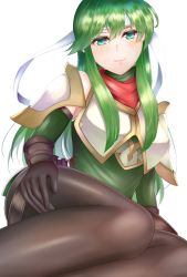 Rule 34 | 1girl, armor, breastplate, fire emblem, fire emblem: mystery of the emblem, fire emblem: new mystery of the emblem, fire emblem: shadow dragon, fire emblem: shadow dragon and the blade of light, gloves, green eyes, green hair, headband, highres, long hair, looking at viewer, nintendo, palla (fire emblem), pauldrons, shoulder armor, simple background, smile, solo, thighhighs, white background