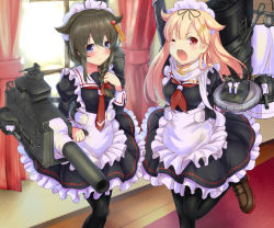 Rule 34 | 10s, 2girls, ;o, adapted costume, ahoge, alternate costume, apron, arm up, black hair, black pantyhose, black ribbon, blonde hair, blue eyes, braid, brown footwear, cannon, em s, enmaided, fang, frills, gradient hair, hair flaps, hair ornament, hair over shoulder, hair ribbon, hairclip, kantai collection, loafers, long hair, long sleeves, looking at viewer, machinery, maid, maid apron, maid headdress, multicolored hair, multiple girls, neckerchief, one eye closed, open mouth, pantyhose, puffy long sleeves, puffy sleeves, red eyes, red neckerchief, ribbon, scarf, shigure (kancolle), shoes, single braid, skirt, smile, standing, standing on one leg, star (symbol), tray, turret, white scarf, yuudachi (kancolle)