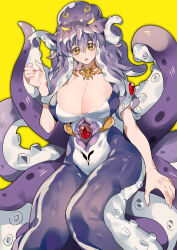 Rule 34 | 1girl, absurdres, breasts, cleavage, extra eyes, hand up, highres, huge breasts, jewelry, lips, looking at viewer, monster girl, necklace, original, purple hair, red eyes, scylla, solid eyes, solo, suction cups, tentacle hair, tentacles, xi luo an ya, yellow background, yellow eyes