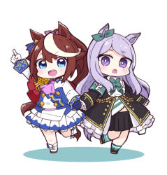 Rule 34 | 2girls, :d, :o, animal ears, ascot, asymmetrical gloves, black footwear, black jacket, black skirt, blue eyes, blue gloves, blue legwear, blush, boots, bow, brown hair, chibi, colored shadow, commentary request, ear ribbon, epaulettes, frilled jacket, frills, gloves, green bow, green ribbon, hair ribbon, highres, holding hands, horse ears, horse girl, horse tail, jacket, long sleeves, looking at viewer, mejiro mcqueen (umamusume), mismatched gloves, multicolored hair, multiple girls, nozo (hitomiz), open mouth, pink ascot, pink ribbon, pleated skirt, ponytail, purple eyes, purple hair, ribbon, shadow, short eyebrows, single epaulette, skirt, sleeves past wrists, smile, socks, standing, standing on one leg, streaked hair, tail, teeth, thick eyebrows, tokai teio (umamusume), umamusume, upper teeth only, white background, white footwear, white gloves, white hair, white jacket, white skirt