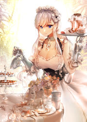 Rule 34 | 1girl, absurdres, apron, arm guards, azur lane, bad id, bad pixiv id, belfast (azur lane), blue eyes, blush, braid, breasts, cake, cake stand, chain, cleavage, collar, collarbone, corset, cup, danyagoe, dress, flower, food, french braid, frilled gloves, frills, glitch, gloves, highres, holding, holding teapot, holding tray, large breasts, long hair, looking at viewer, maid, maid headdress, metal collar, pouring, ribbon, rose, saucer, sidelocks, silver hair, smile, solo, table, teapot, tiered tray, tray, white flower, white gloves, white rose