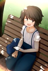 Rule 34 | 1girl, bag, bench, black hair, blue dress, brown eyes, cellphone, commentary request, dappled sunlight, dress, feet out of frame, grass, highres, kantai collection, looking at viewer, miyuki (kancolle), official alternate costume, phone, shirt, short hair, sitting, smartphone, smile, solo, sunlight, white shirt, yotubawatane