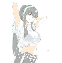 Rule 34 | 1girl, arms up, black hair, breasts, eyebrows hidden by hair, hair between eyes, hairband, highres, long hair, looking at viewer, mitsugu, ponytail, red eyes, short hair, simple background, smile, solo, spy x family, white background, yor briar