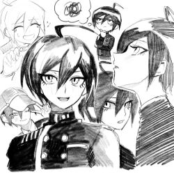 Rule 34 | 1boy, :d, ;), ahoge, blush, buttons, closed eyes, danganronpa (series), danganronpa v3: killing harmony, double-breasted, greyscale, haji (hajimaji), highres, looking at viewer, looking up, male focus, monochrome, multiple views, one eye closed, open mouth, saihara shuichi, short hair, smile, squiggle, sweatdrop, thinking, thought bubble, v over eye