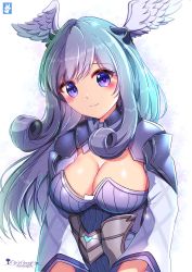 Rule 34 | 1girl, blue eyes, blue hair, breasts, chinchongcha, cleavage, highres, large breasts, long hair, looking at viewer, melia antiqua, smile, solo, watermark, wings, xenoblade chronicles (series), xenoblade chronicles 3