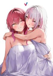 Rule 34 | 2girls, absurdres, afterglow, arms around neck, bed sheet, breasts, dark persona, gawr gura, heterochromia, highres, hololive, hololive english, houshou marine, implied after sex, large breasts, long hair, looking at another, medium breasts, multicolored hair, multiple girls, naked sheet, nude, pepq, red eyes, red hair, reflect (gawr gura), shinkiro (hololive), short hair, simple background, streaked hair, virtual youtuber, yellow eyes, yuri