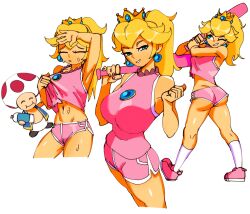 Rule 34 | 1boy, 1girl, 3amsoda, absurdres, alternate costume, alternate hairstyle, arm up, armpits, ass, bare shoulders, baseball bat, blonde hair, blue eyes, bottle, breasts, butt crack, closed eyes, earrings, full body, highres, jewelry, large breasts, looking at viewer, looking up, mario (series), mario super sluggers, mario superstar baseball, model sheet, navel, nintendo, official alternate costume, one eye closed, pearl earrings, ponytail, princess peach, shoes, short shorts, shorts, smile, socks, sweat, toad (mario), white background