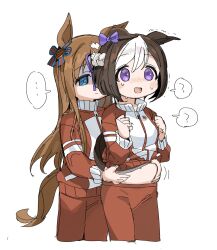 Rule 34 | ..., 2girls, ?, animal ears, big belly, blue eyes, blush, blush stickers, brown hair, clenched hands, closed mouth, cropped legs, ears down, grass wonder (umamusume), hands on another&#039;s stomach, highres, horse ears, horse girl, horse tail, jacket, long hair, long sleeves, motion lines, multicolored hair, multiple girls, navel, nose blush, open clothes, open jacket, open mouth, pants, purple eyes, red jacket, red pants, shaded face, short hair, spawnfoxy, special week (umamusume), spoken ellipsis, spoken question mark, sweat, tail, tracen training uniform, trembling, two-tone hair, umamusume
