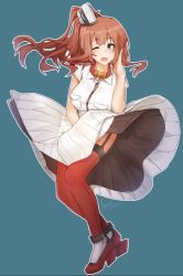Rule 34 | 10s, blouse, blue background, breasts, clothes lift, dress, dress lift, garter straps, grey eyes, hand on own head, high heels, holding head, kantai collection, large breasts, looking at viewer, marilyn monroe, one eye closed, red hair, red thighhighs, saratoga (kancolle), seamed legwear, shirt, side-seamed legwear, signature, skirt, skirt lift, smile, solo, the seven-year itch, thighhighs, tilt-shift (azalanz), white dress, white shirt, white skirt, wind, wind lift