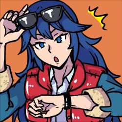 Rule 34 | 1girl, akairiot, back to the future, blue eyes, blue hair, cosplay, fire emblem, fire emblem awakening, long hair, lowres, lucina (fire emblem), marty mcfly, marty mcfly (cosplay), matching hair/eyes, nintendo, open mouth, solo, super smash bros., trait connection, watch