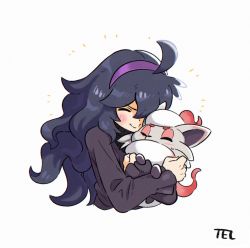 Rule 34 | 1girl, ahoge, black hair, blush, closed eyes, closed mouth, commentary request, creatures (company), curly hair, dress, game freak, hairband, hex maniac (pokemon), highres, hisuian zorua, holding, holding pokemon, kuronetel, long hair, long sleeves, nintendo, pokemon, pokemon (creature), pokemon xy, purple hairband, signature, simple background, smile, split mouth, white background
