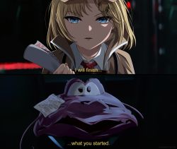 Rule 34 | 1girl, blonde hair, blue eyes, brown jacket, commentary, english commentary, english text, gardavwar, gear hair ornament, hat, highres, hololive, hololive english, jacket, paper, parody, solo, star wars, star wars: the force awakens, subtitled, virtual youtuber, watson amelia
