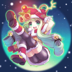 Rule 34 | 1girl, ass, bell, bike shorts, boots, christinya, christmas, female focus, full body, gloves, hat, highres, open mouth, original, salute, santa costume, smile, solo, thighhighs