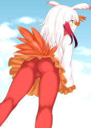 Rule 34 | 10s, 1girl, :o, arm up, ass, bird tail, blue sky, blunt bangs, blush, cloud, day, from behind, from below, gloves, head wings, japanese crested ibis (kemono friends), kemono friends, kneepits, long hair, momo retasu, multicolored hair, orange gloves, orange skirt, pantyhose, parted lips, profile, red hair, red pantyhose, sidelocks, skirt, sky, tail, thighs, two-tone hair, upskirt, white hair, wings, yellow eyes