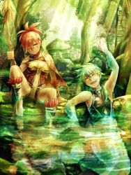 Rule 34 | 1boy, 1girl, amazon warrior, ankle wrap, anklet, arm up, barefoot, bird, breasts, building, cape, cleavage, facial mark, fins, green hair, highres, jewelry, ladder, legband, medium breasts, merman, monster boy, nature, one eye closed, open mouth, orange eyes, orange hair, original, partially submerged, reflecting pool, reflection, reflective water, scales, smile, soaking feet, staff, sumimoto ryuu, sunlight, tattoo, tree, tree shade, tribal, tribal tattoo, wristband