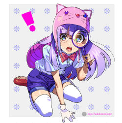 Rule 34 | !, 1girl, animal hat, arm support, backpack, bag, blue eyes, blue hair, bow, bowtie, dr. slump, glasses, gloves, hat, hifumi chiyoko, kneeling, magnifying glass, matching hair/eyes, norimaki arale, open mouth, purple hair, shorts, solo, thighhighs