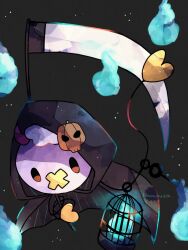 Rule 34 | animal focus, black background, black cloak, cage, cloak, colored skin, commentary request, creatures (company), drifloon, fire, floating, game freak, gen 4 pokemon, hanabusaoekaki, highres, holding, holding scythe, hood, hooded cloak, nintendo, no humans, pokemon, pokemon (creature), purple skin, scythe, solid oval eyes, two-sided cloak, two-sided fabric
