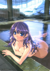 Rule 34 | 1girl, barefoot, bath, blue eyes, completely nude, ino (magloid), long hair, nude, onsen, purple hair, solo, water, wet