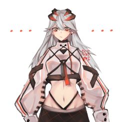 Rule 34 | ..., 1girl, :/, absurdres, arknights, black choker, black skirt, choker, closed mouth, commentary, cowboy shot, crop top, dragon horns, earclip, f3izhi, groin, highres, horns, long hair, long sleeves, midriff, navel, orange eyes, puffy sleeves, saria (arknights), shirt, silver hair, simple background, skirt, solo, white background, white shirt