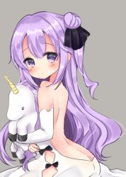Rule 34 | 1girl, ass, azur lane, backless dress, backless outfit, bad id, bad pixiv id, bare shoulders, black bow, black ribbon, blush, bow, butt crack, closed mouth, commentary request, detached sleeves, dress, grey background, hair between eyes, hair bun, hair ribbon, hamico, long hair, looking at viewer, looking to the side, hugging object, one side up, purple eyes, purple hair, ribbon, side bun, sidelocks, simple background, single hair bun, single side bun, solo, stuffed animal, stuffed toy, stuffed unicorn, unicorn (azur lane), very long hair, white dress, white sleeves