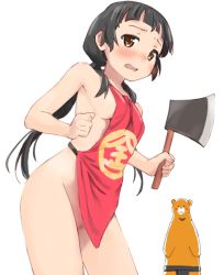 Rule 34 | 10s, 1girl, amayadori machi, apron, axe, bear, black hair, blunt bangs, blush, brown eyes, chinese clothes, commentary request, cosplay, dudou, fundoshi, japanese clothes, kintarou, kintarou (cosplay), kumai natsu, kumamiko, long hair, looking at viewer, low twintails, mirakichi, naked apron, open mouth, pussy, pussy peek, simple background, twintails, weapon, white background