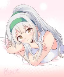 Rule 34 | 1girl, alternate hairstyle, brown eyes, commentary request, dress, highres, kantai collection, long hair, looking at viewer, lying, official alternate costume, on stomach, one-hour drawing challenge, ponytail, shizuna kaede, shoukaku (anniversary) (kancolle), shoukaku (kancolle), sleeveless, sleeveless dress, smile, solo, upper body, white dress, white hair