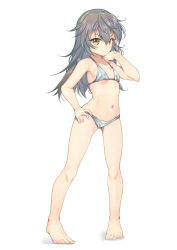 Rule 34 | 1girl, absurdres, alice gear aegis, bikini, brown eyes, flat chest, full body, gradient hair, hand on own hip, highres, long hair, looking at viewer, multicolored hair, navel, shinonome chie, silver bikini, simple background, smile, solo, standing, swimsuit, white background, yashin (yasinz)