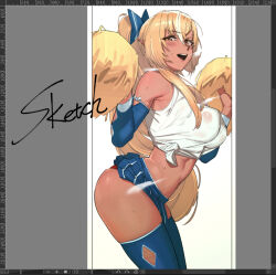 Rule 34 | 1girl, alternate costume, blonde hair, blue bow, blue skirt, blue thighhighs, blush, bow, breasts, cheerleader, clothes lift, cowboy shot, dark-skinned female, dark skin, detached sleeves, from side, hair between eyes, hair bow, holding, holding pom poms, hololive, large breasts, leaning forward, long hair, looking at viewer, midriff, miniskirt, multicolored hair, open mouth, orange eyes, panties, panty peek, pleated skirt, pom pom (cheerleading), pom poms, ponytail, rat huang, red panties, shiranui flare, shirt, sidelocks, simple background, skirt, skirt lift, sleeveless, sleeveless shirt, solo, standing, streaked hair, sweat, thighhighs, thighs, tied shirt, two-tone hair, underwear, unfinished, virtual youtuber, wet, wet clothes, wet shirt, white background, white hair, white shirt