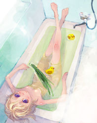 Rule 34 | 1girl, bath, bathtub, blonde hair, blue eyes, censored, convenient censoring, from above, lowres, nude, original, solo, wemp, weno, weno&#039;s blonde original character