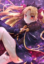 Rule 34 | 1girl, between legs, black cape, black dress, blonde hair, blush, breasts, cape, closed mouth, commentary request, dress, earrings, ereshkigal (fate), fate/grand order, fate (series), forehead, fur-trimmed cape, fur trim, hair ribbon, hand between legs, infinity symbol, jewelry, long sleeves, maki soutoki, medium breasts, multicolored cape, multicolored clothes, parted bangs, purple background, purple ribbon, red cape, red eyes, ribbon, sidelocks, skull, solo, spine, tiara, two side up