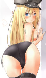 Rule 34 | 10s, 1girl, absurdres, against wall, ass, ass focus, bare shoulders, bismarck (kancolle), blonde hair, blue eyes, blush, breast press, breasts, cameltoe, eyes visible through hair, from behind, gradient background, hair between eyes, hat, highres, kantai collection, large breasts, leaning forward, long hair, looking at viewer, looking back, peaked cap, saku (kudrove), sideboob, solo, thighhighs, thighs
