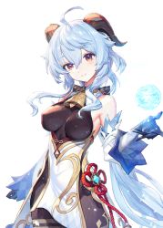 Rule 34 | 1girl, bare shoulders, blue hair, bodysuit, breasts, detached sleeves, ganyu (genshin impact), genshin impact, gloves, highres, horns, japanese clothes, looking at viewer, medium breasts, punc p, ribbon, smile, solo, white background