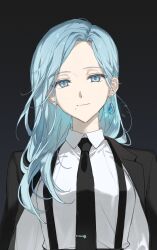 Rule 34 | 1girl, aqua eyes, aqua gemstone, aqua hair, black background, black necktie, black suit, collared shirt, commentary, earrings, formal, grey background, highres, hinomori shizuku, jacket, jacket over shoulder, jewelry, light smile, long hair, looking at viewer, mole, mole under mouth, more more jump! (project sekai), necktie, parted bangs, project sekai, prsk112277, shirt, sidelocks, simple background, solo, straight-on, suit, suspenders, tie clip, unworn jacket, upper body, white shirt
