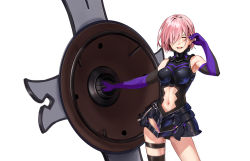 Rule 34 | 1girl, armor, armored dress, asagami (hnt16303310), closed eyes, elbow gloves, fate/grand order, fate (series), gloves, hair over one eye, holding, holding shield, holding weapon, leg belt, mash kyrielight, open mouth, purple hair, shield, short hair, simple background, smile, solo, standing, stomach, weapon, white background