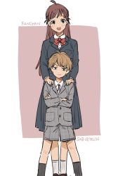 Rule 34 | 1boy, 1girl, :d, age difference, ahoge, aono nachi, black eyes, brown hair, character name, child, couple, crossed arms, grey shorts, hands on another&#039;s shoulders, highres, legs apart, long hair, onee-shota, open mouth, original, school uniform, short hair, shorts, size difference, skirt, smile, socks, standing
