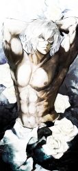 Rule 34 | 1boy, abs, armpits, arms behind head, bad id, bad pixiv id, banpai akira, flower, fundoshi, glasses, japanese clothes, male focus, manly, mannosuke, morichika rinnosuke, muscular, rose, short hair, silver hair, solo, topless male, touhou, upper body, white flower, white rose