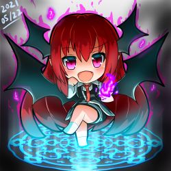 Rule 34 | 1girl, :d, aura, bat wings, black skirt, black vest, blush, chibi, collared shirt, commentary request, crossed legs, dark aura, dated, fang, fire, floating, full body, gradient background, grey background, harinohito toge, head rest, head wings, invisible chair, koakuma, large wings, long hair, magic circle, necktie, open mouth, pink eyes, pink fire, red hair, red neckwear, shirt, sidelocks, simple background, sitting, skirt, skirt set, smile, touhou, very long hair, vest, wings
