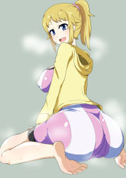Rule 34 | 10s, 1girl, ass, barefoot, bike shorts, blue eyes, blush, breasts, cameltoe, covered erect nipples, female focus, gundam, gundam build fighters, gundam build fighters try, hoshino fumina, jacket, large breasts, light brown hair, long hair, looking at viewer, open mouth, ponytail, scrunchie, shiny clothes, shiny skin, sideboob, sitting, smile, solo, sports bra, sweat, tank top, thigh strap, turning head, wariza, yotsunoa