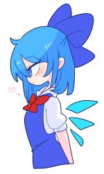 Rule 34 | 1girl, blue bow, blue dress, blue eyes, blue hair, bow, breasts, cirno, collared shirt, dress, fairy wings, from side, hair bow, highres, ice, ice wings, long dress, neck ribbon, op na yarou, pinafore dress, puffy short sleeves, puffy sleeves, red ribbon, ribbon, shirt, short hair, short sleeves, simple background, sleeveless dress, small breasts, solo, touhou, white background, white shirt, wings