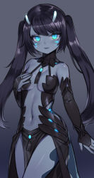 Rule 34 | 1girl, antennae, bare shoulders, black hair, blue eyes, breasts, bridal gauntlets, character name, colored skin, commentary request, facial mark, glowing, glowing clothes, glowing eyes, gradient background, grey background, grey skin, hand up, long hair, looking at viewer, moyo (rimworld), navel, parted lips, revealing clothes, rimworld, small breasts, smile, solo, tail, tama (tamatamo), twintails, very long hair