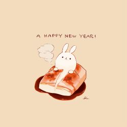 Rule 34 | animal, chai (drawingchisanne), commentary request, food, food focus, happy new year, in food, looking at viewer, mochi, new year, no humans, original, rabbit, signature, simple background, steam, undersized animal, yakimochi