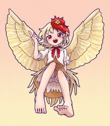 Rule 34 | 1girl, animal, animal on head, bare legs, barefoot, bird, bird on head, bird tail, bird wings, blonde hair, bloomers, choker, commentary, dress, feathered wings, full body, highres, multicolored hair, niwatari kutaka, nokisakifuurin, on head, orange dress, pink background, pointing, puffy short sleeves, puffy sleeves, red eyes, red hair, red ribbon, ribbon, ribbon choker, shirt, short sleeves, simple background, soles, solo, tail, toes, touhou, two-tone hair, underwear, white bloomers, white shirt, wings, yellow tail, yellow wings