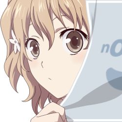 Rule 34 | 10s, 1girl, blush, brown eyes, brown hair, closed mouth, eyebrows, flower, hair flower, hair ornament, hanasaku iroha, holding, looking at viewer, matsumae ohana, mugen ouka, no image, peeking out, pixiv, portrait, short hair, simple background, solo, white background